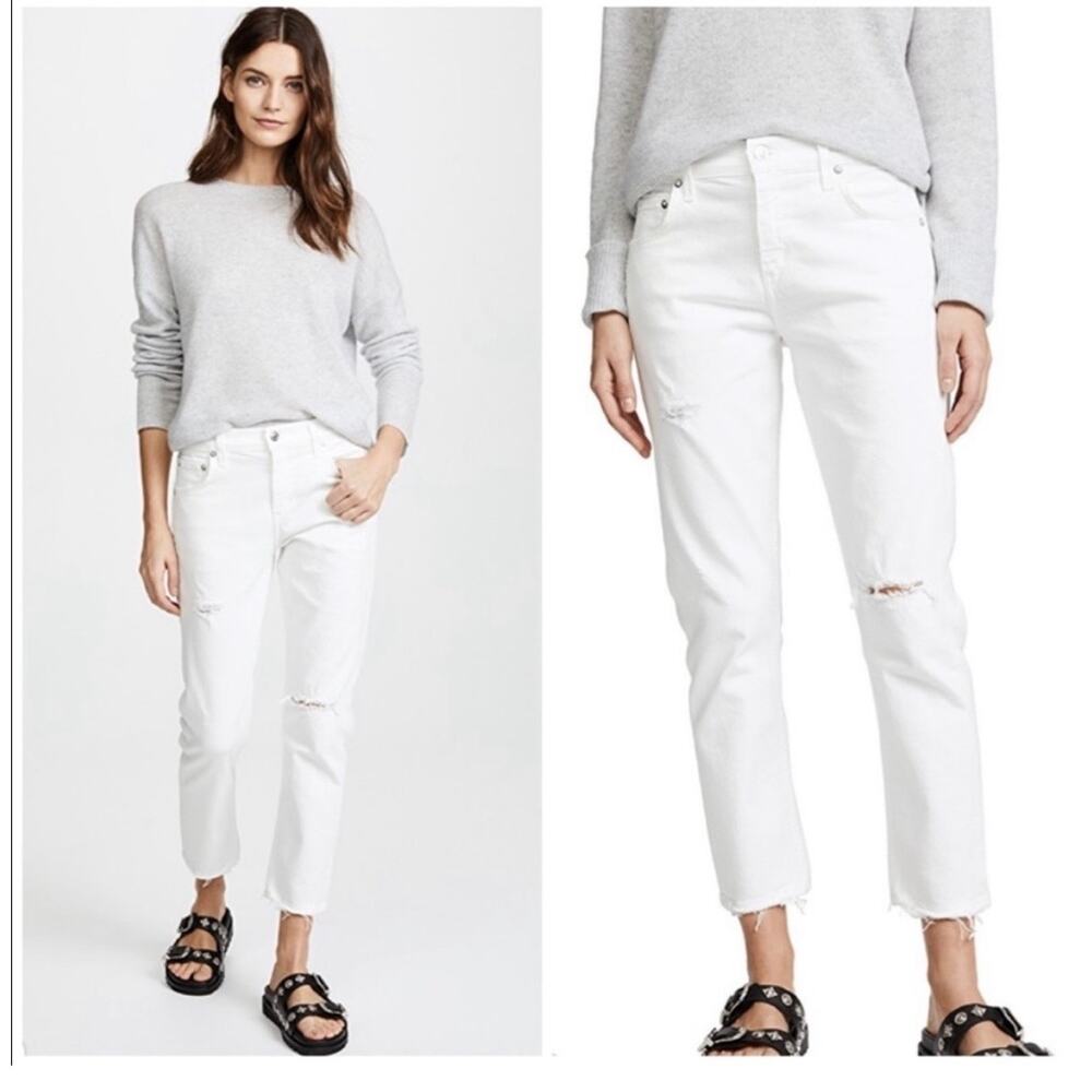 Agolde Isabel Ankle Slim Boyfriend Distressed White Denim Jeans Size 24